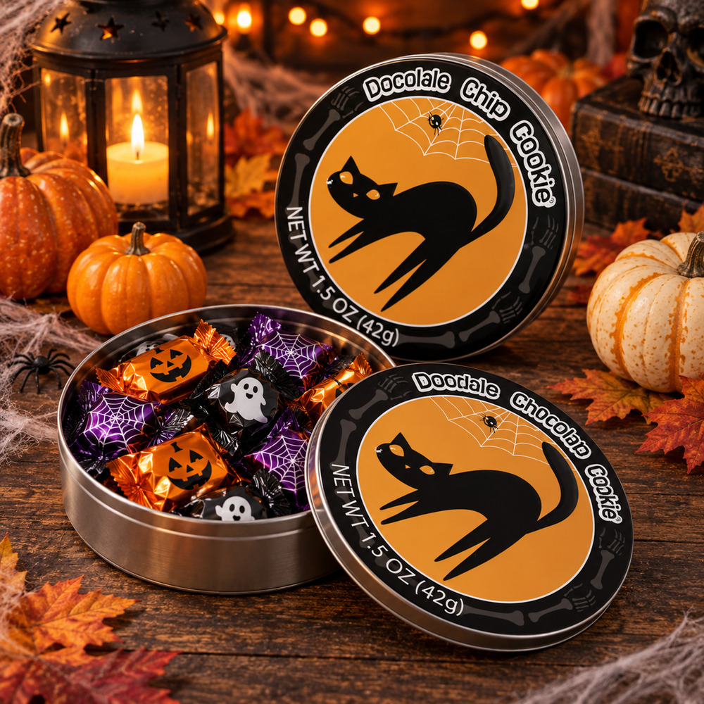 Lot of 2 Original Gourmet Halloween Black Cat Cookie Tins Orange 6" Empty
